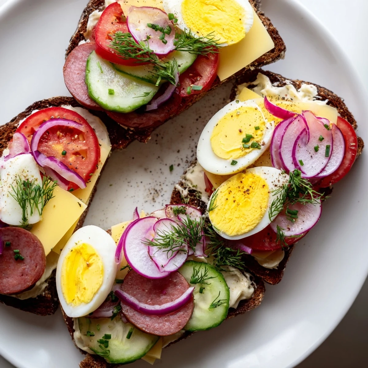 Colorful kanapki open-faced Polish sandwiches layered with cheese, tomato, and cucumber slices