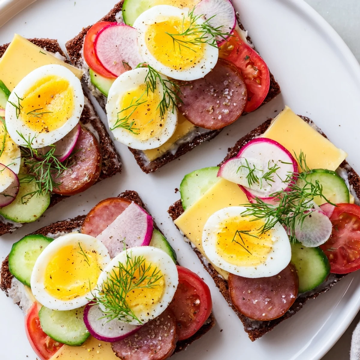 Crisp rye bread topped with smoked meat, radish, and dill on these Polish kanapki sandwiches