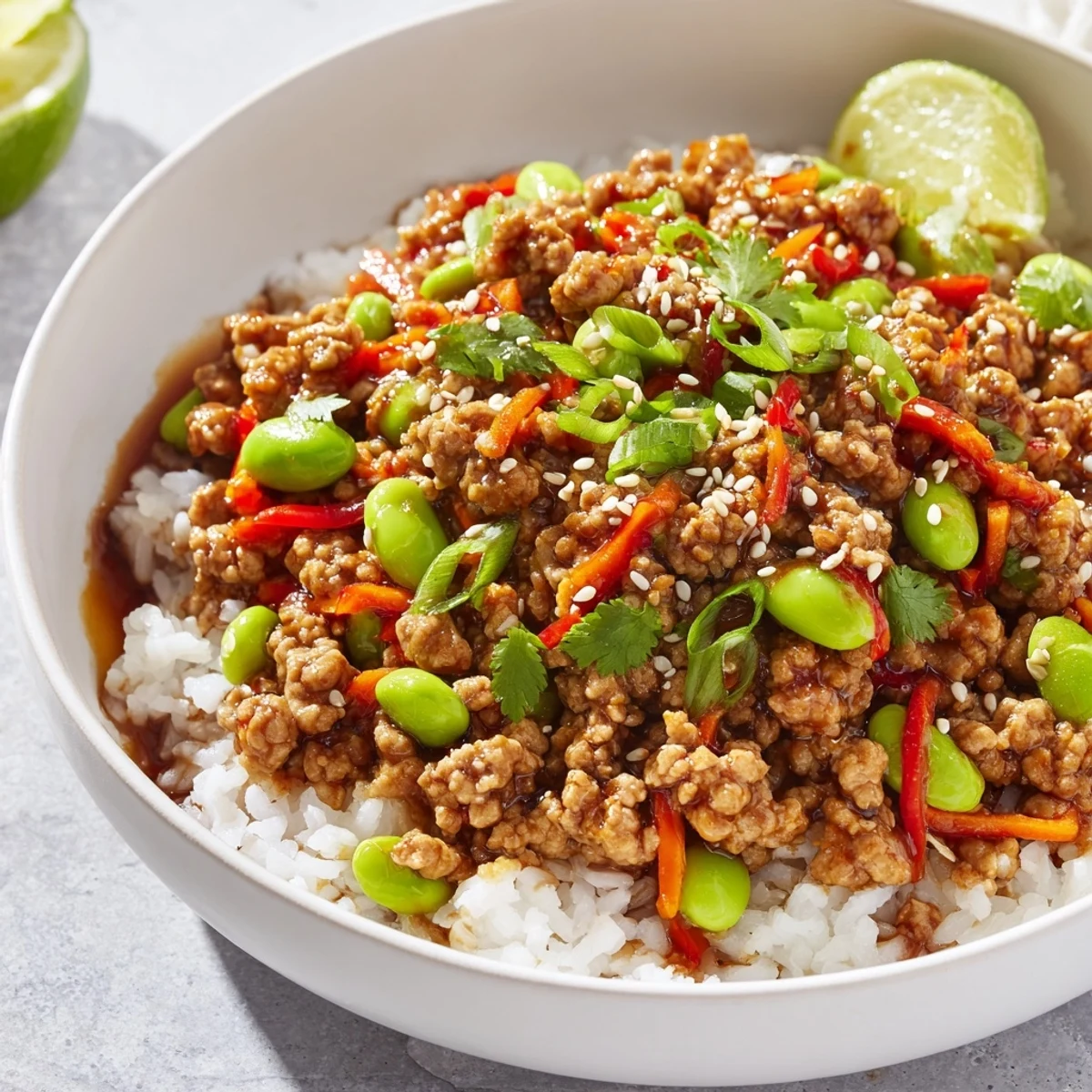 Hearty ground turkey rice bowls topped with sesame seeds and fresh cilantro