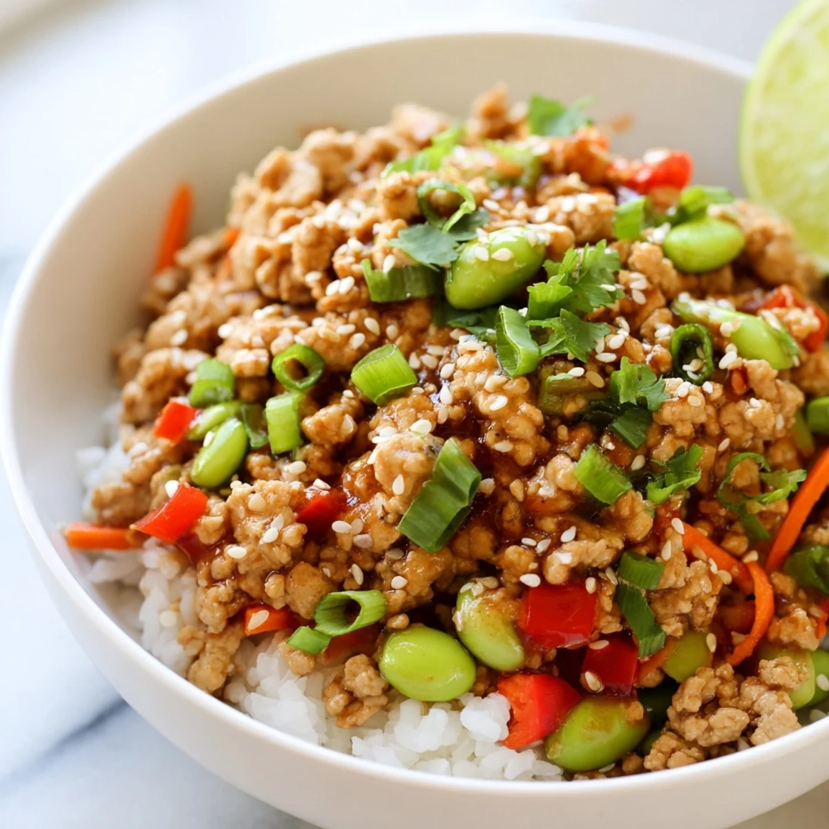 Colorful ground turkey rice bowls loaded with tender vegetables and fluffy white rice