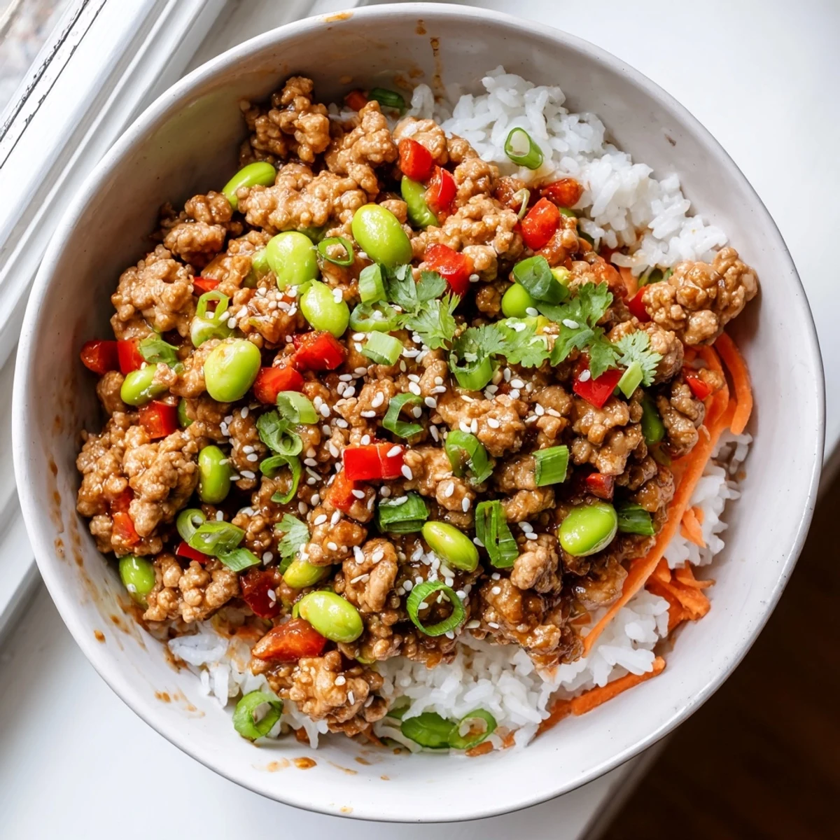 Savory ground turkey rice bowls drizzled with sauce and garnished with lime wedges