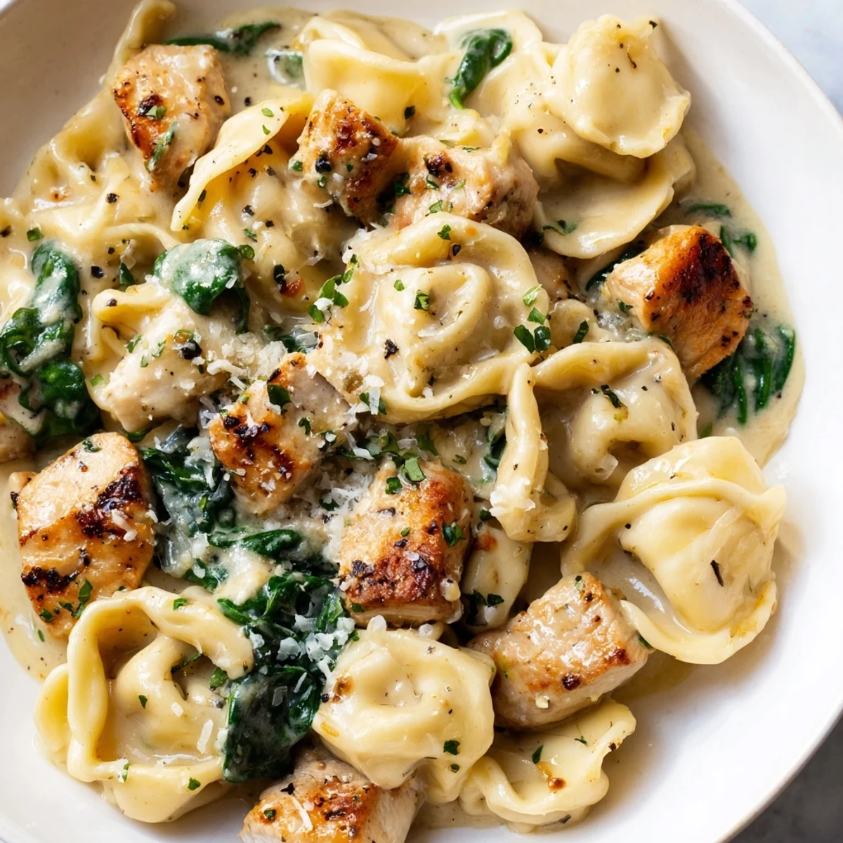 Steaming bowl of creamy garlic chicken tortellini with wilted spinach and melted cheese