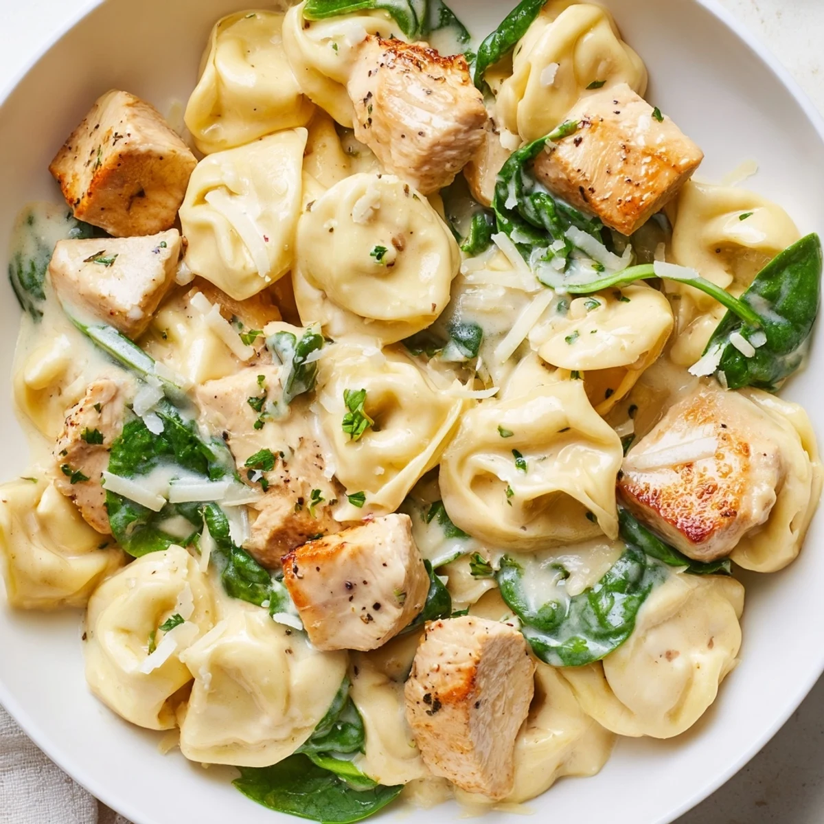 Creamy garlic chicken tortellini with spinach in a golden skillet topped with Parmesan