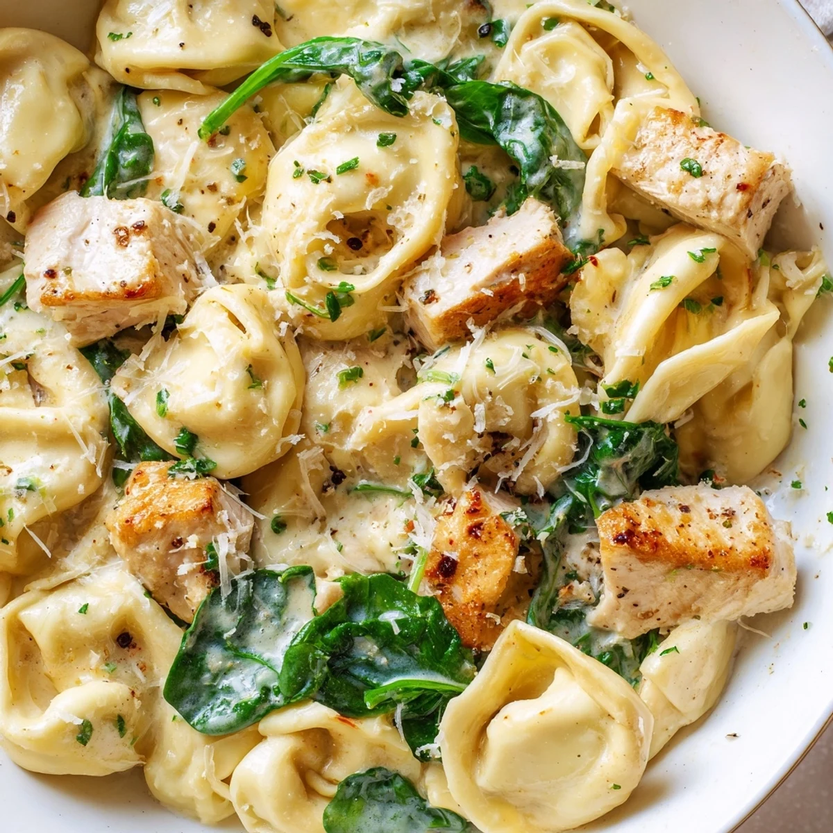 Cheese tortellini tossed with tender chicken and spinach in a velvety garlic cream sauce