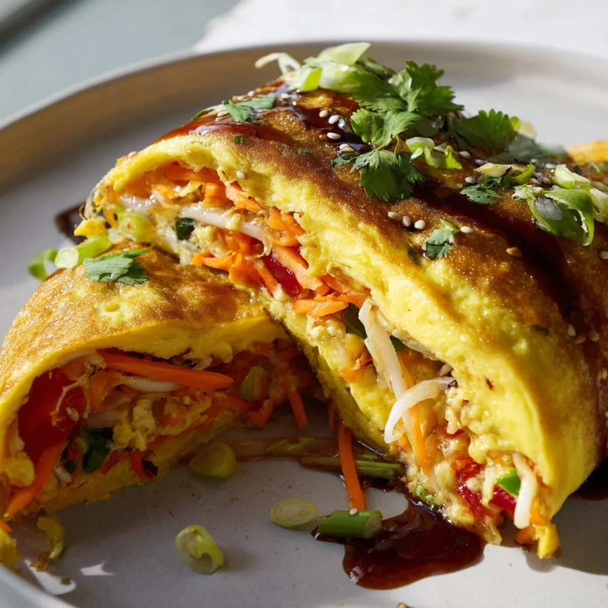 Golden Chinese omelette filled with crisp vegetables and fresh scallions on a white plate