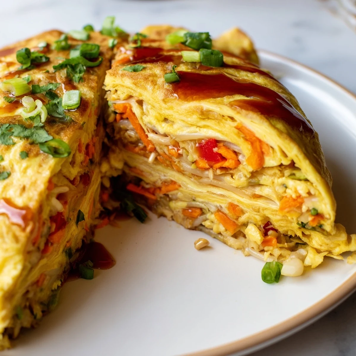 Fluffy Chinese omelette folded over colorful bell peppers and bean sprouts, garnished with cilantro
