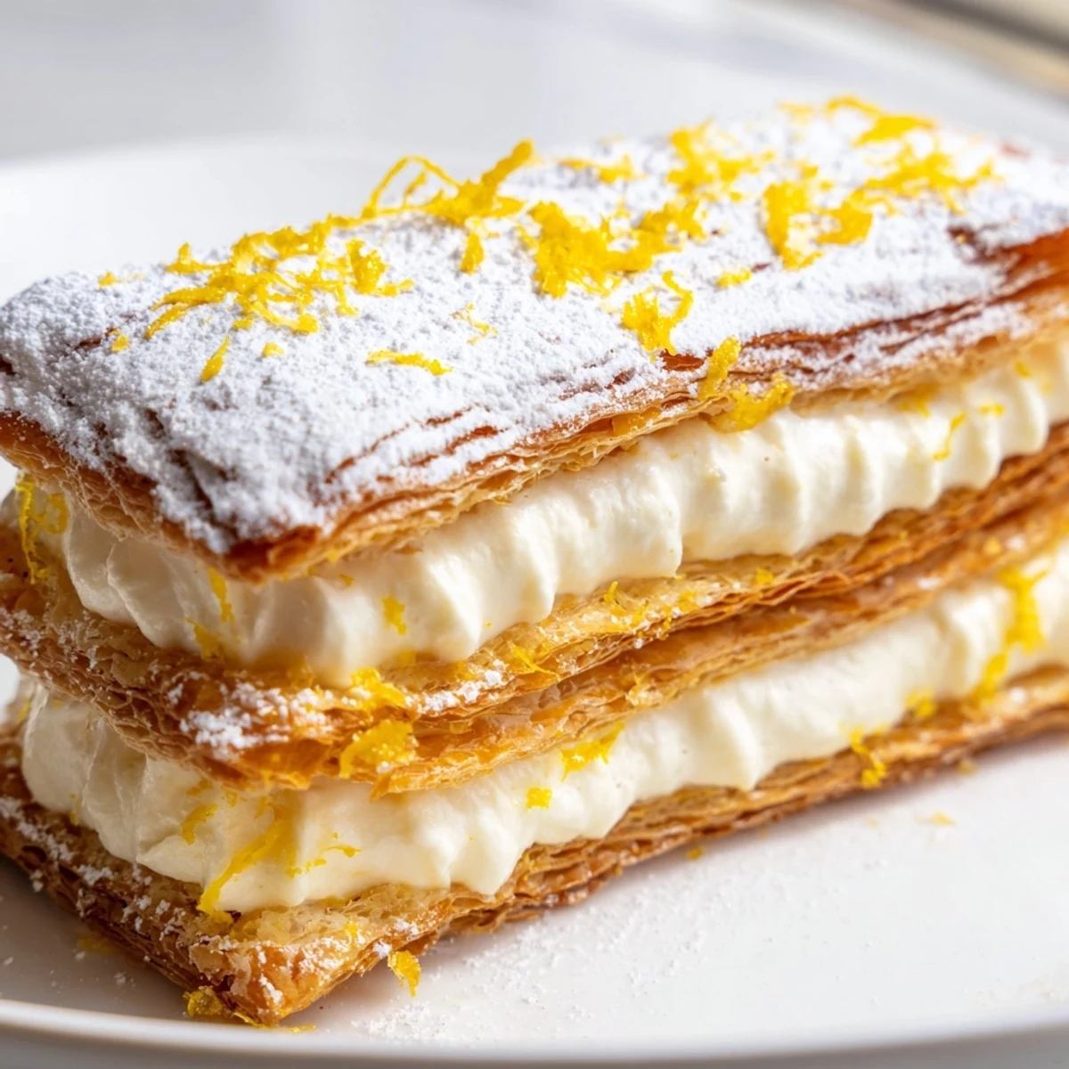 Crisp golden puff pastry layered with creamy lemon ricotta mille feuille dusted in powdered sugar