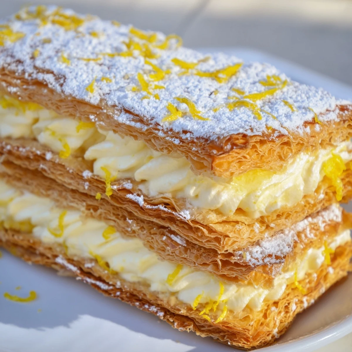 Tall lemon ricotta puff pastry mille feuuille slice revealing flaky layers and velvety filling