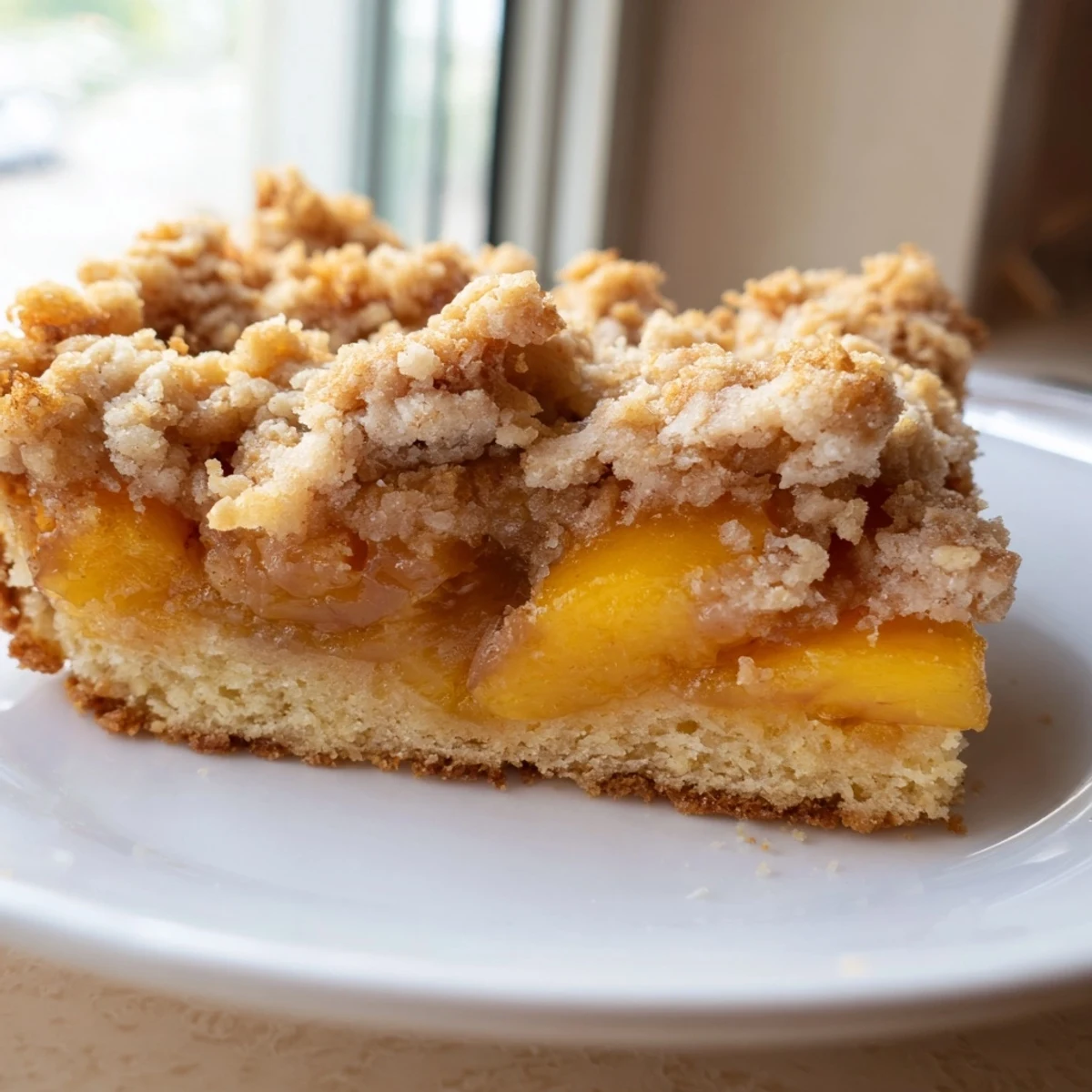 Sweet and buttery peach bars with cinnamon streusel, sliced and plated on rustic parchment