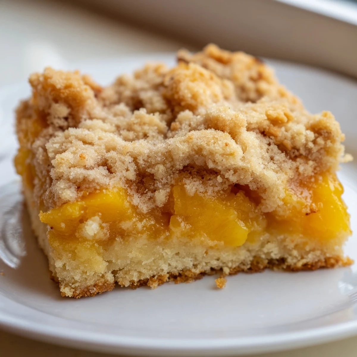 Golden sweet and buttery peach bars with cinnamon streusel, bubbling fresh from the oven