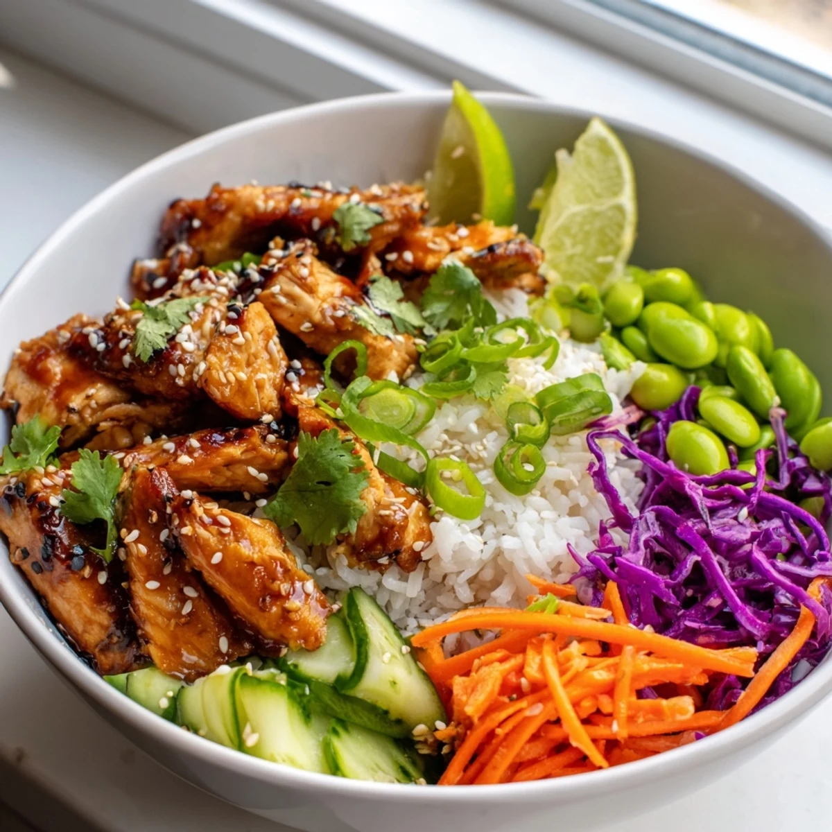 Colorful Asian Inspired Chicken Power Bowl with fresh vegetables and sesame-ginger drizzle.