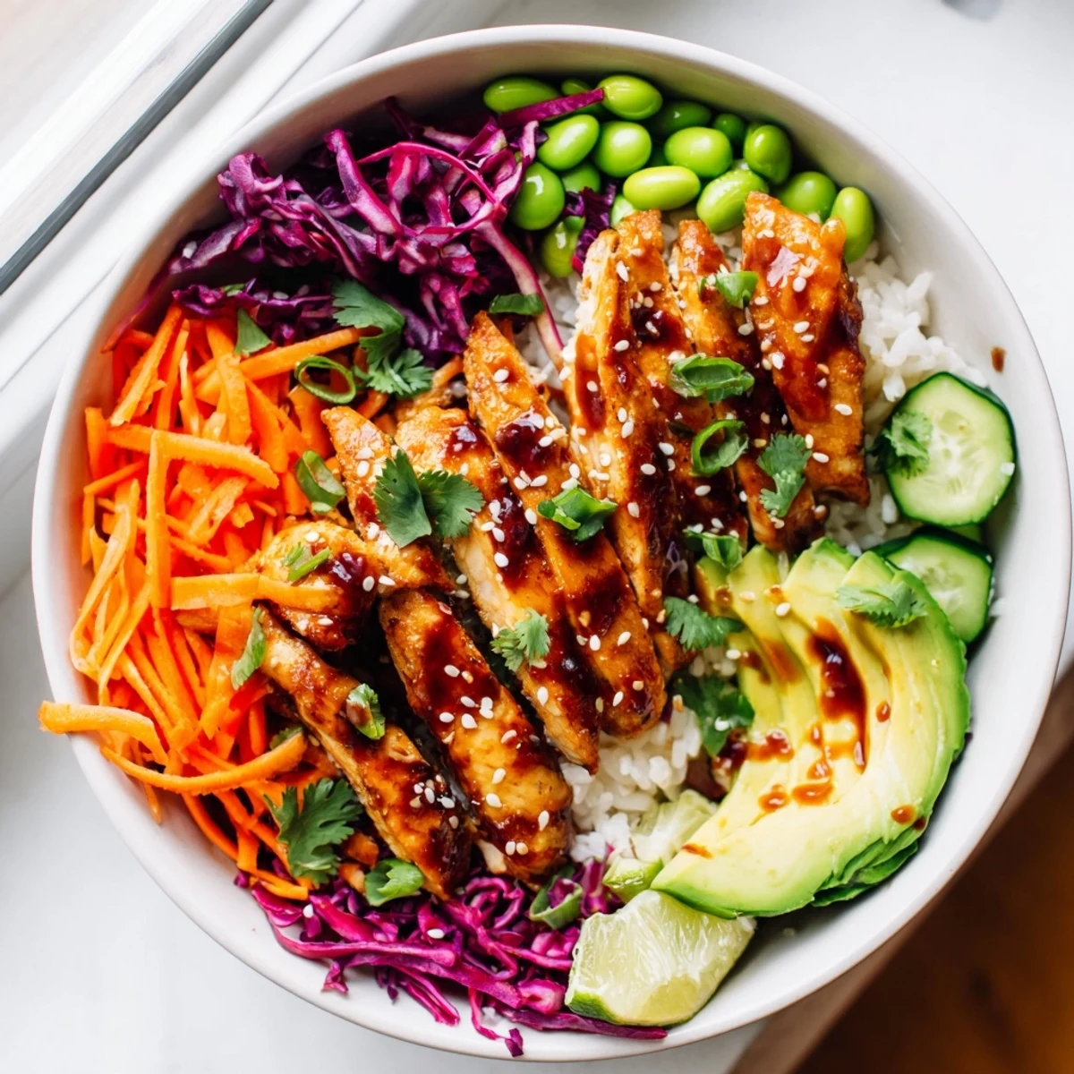 Golden marinated chicken strips over brown rice with crisp cabbage and avocado slices.