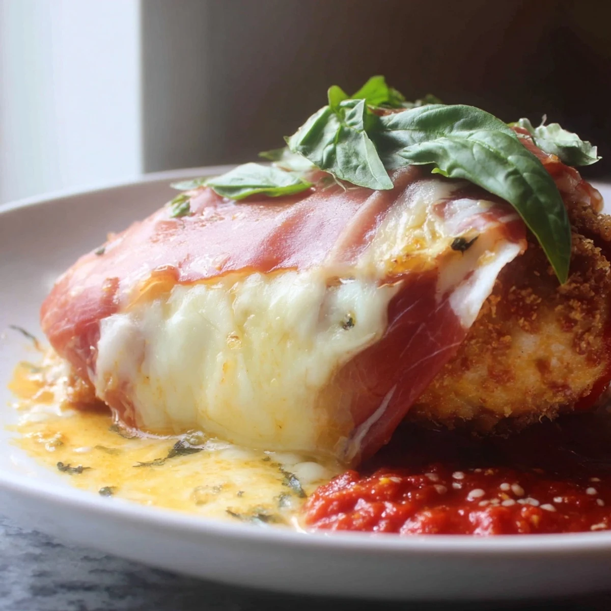 Golden Chicken Valdostana topped with melted Fontina and prosciutto in rich tomato sauce