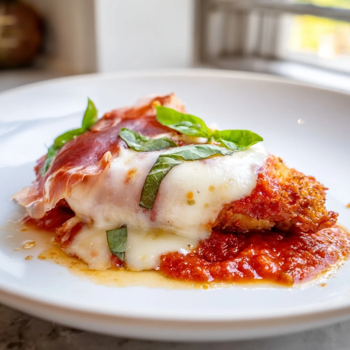Crispy breaded Chicken Valdostana bubbling with creamy cheese and savory wine tomato sauce