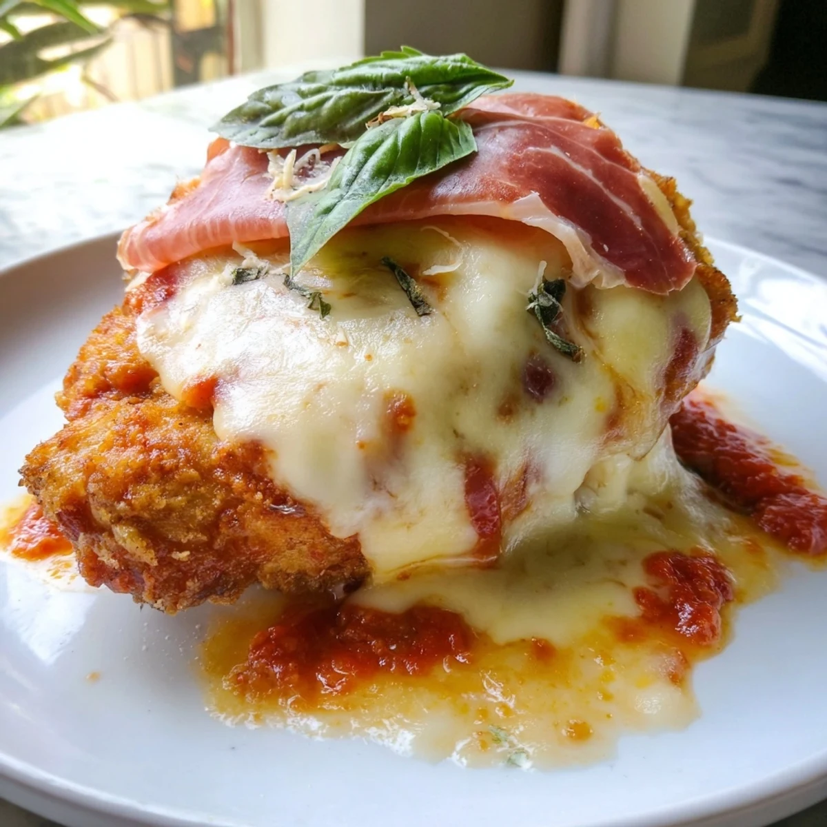 Juicy Chicken Valdostana layered with prosciutto and melted Fontina served over tangy tomato sauce