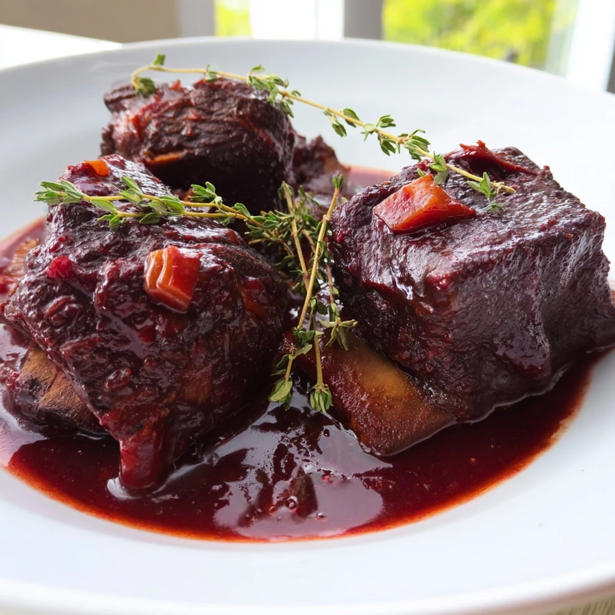 Fall-off-the-bone braised beef short ribs glistening with rich red wine sauce