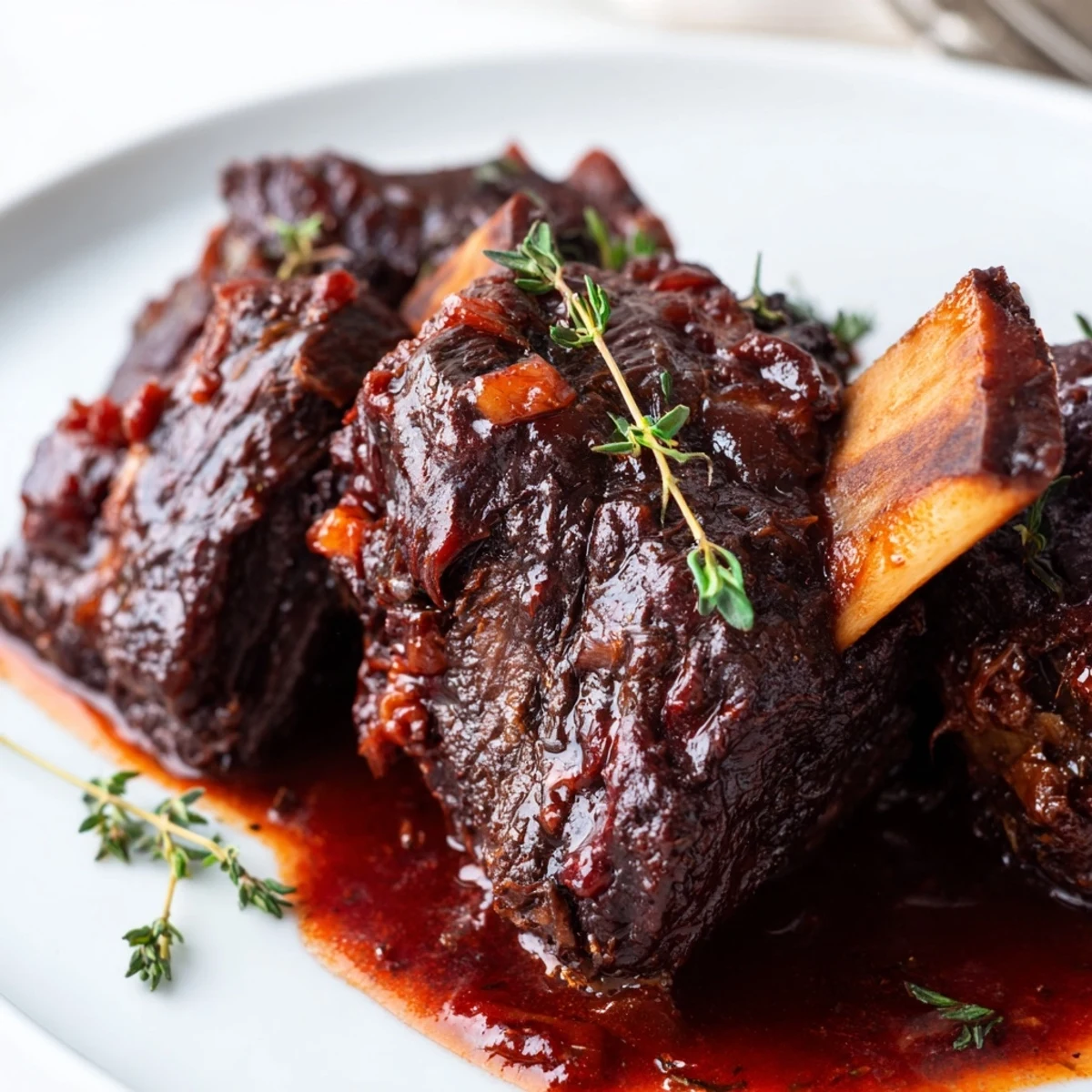 Tender oven braised beef short ribs nestled over creamy mashed potatoes with herb garnish
