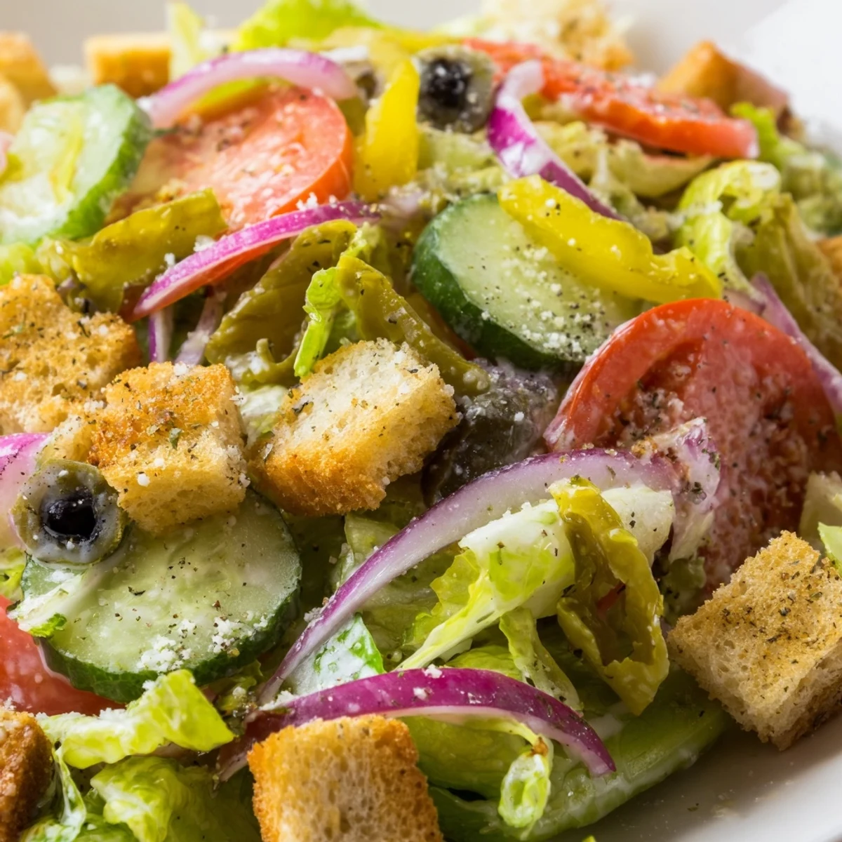 Crisp Olive Garden salad topped with croutons, Parmesan, and tangy Italian dressing
