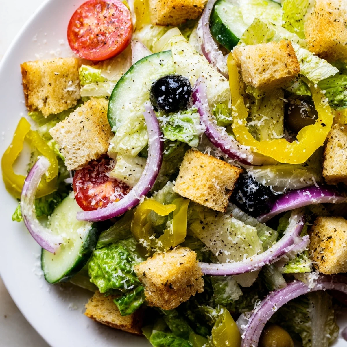Fresh Olive Garden salad in a bowl featuring vibrant tomatoes, olives, and pepperoncini