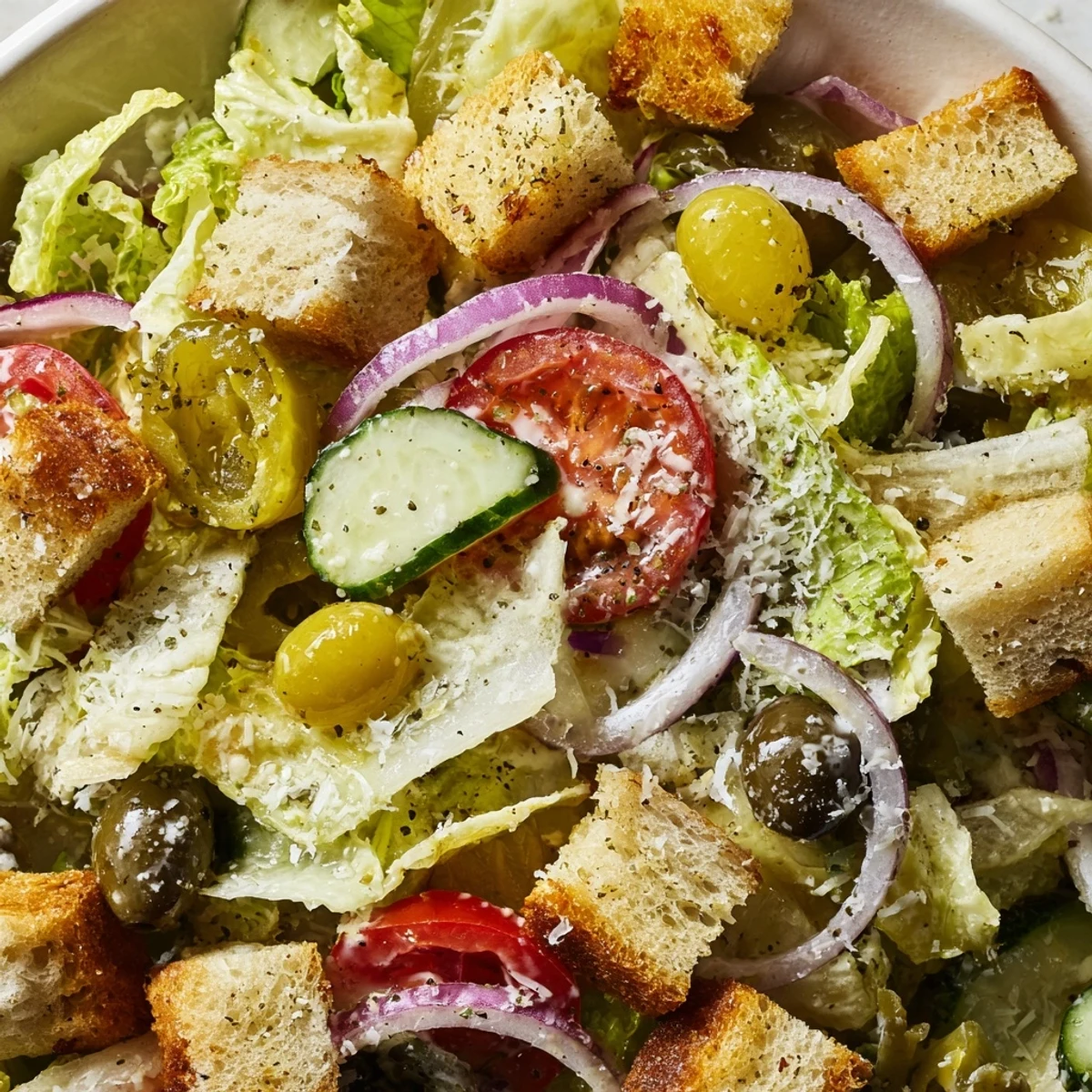 Golden garlic croutons crowning a colorful Olive Garden salad with creamy Parmesan shavings