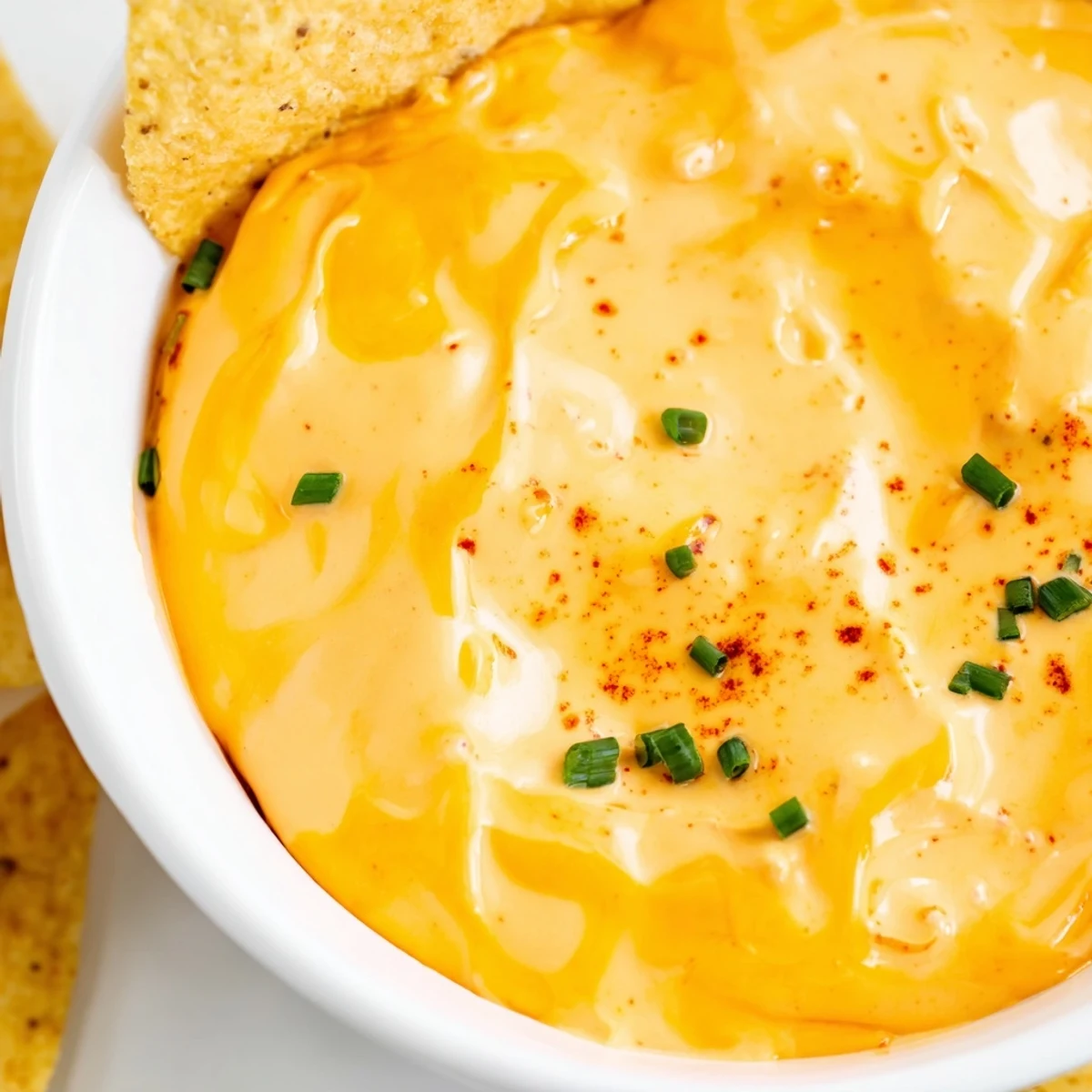 Creamy cheese dip drizzled with chives, served warm alongside crispy tortilla chips