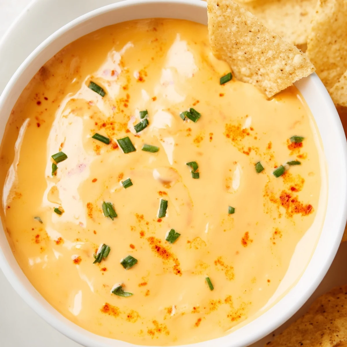 Golden cheddar cheese dip in a rustic bowl, garnished with fresh green onions