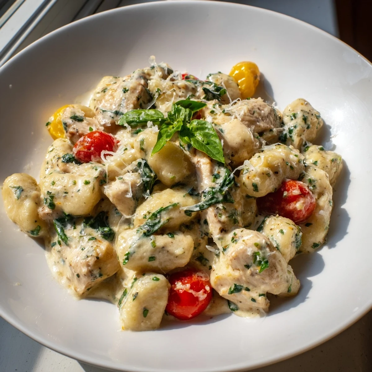 Creamy herb chicken gnocchi skillet bubbling in a rustic cast iron pan