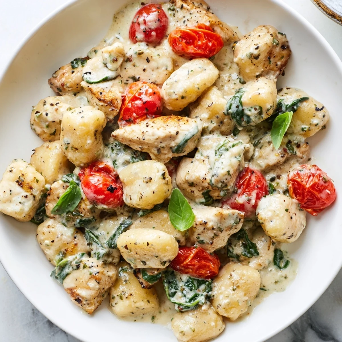 Golden seared chicken and pillowy gnocchi coated in a velvety herb cream sauce