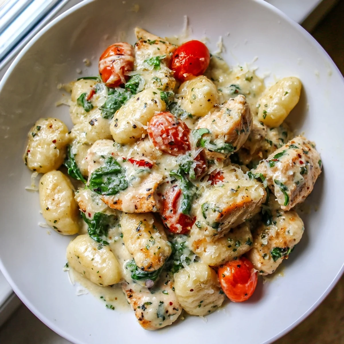 Steaming creamy herb chicken gnocchi skillet topped with fresh parsley and Parmesan