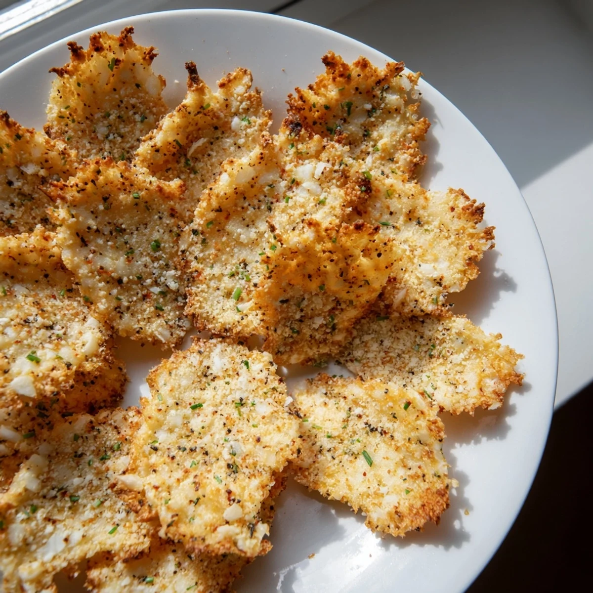 Golden crispy cottage cheese chips fresh from the oven with parmesan topping