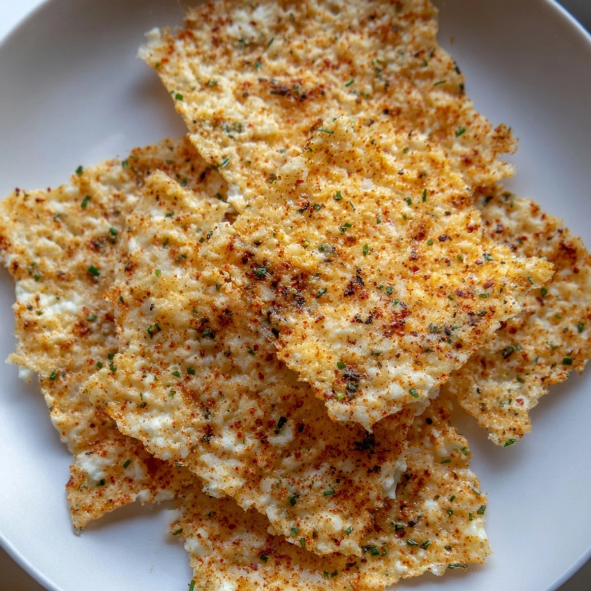 Crunchy baked cottage cheese chips arranged on parchment ready for dipping