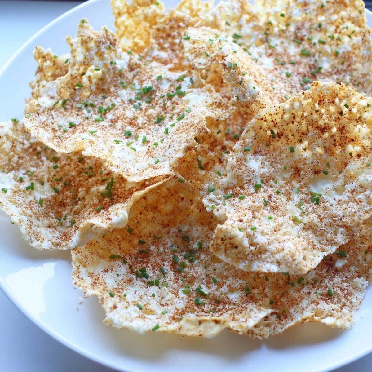 Savory golden brown cottage cheese chips sprinkled with chives on a baking sheet