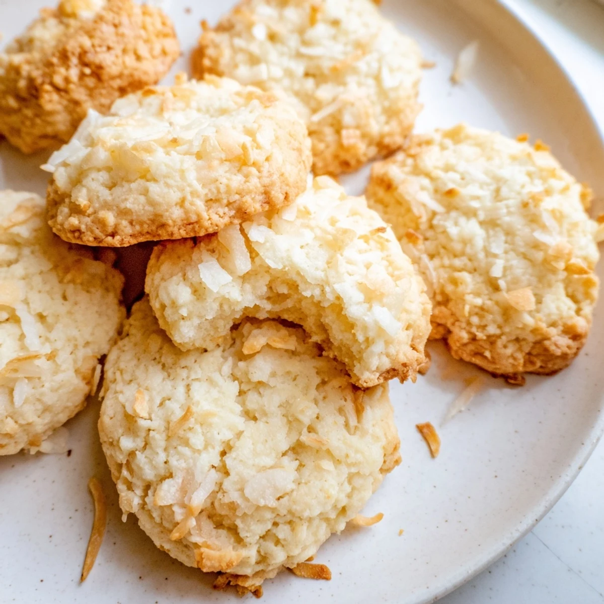 Soft and buttery coconut cookies with golden edges on parchment paper