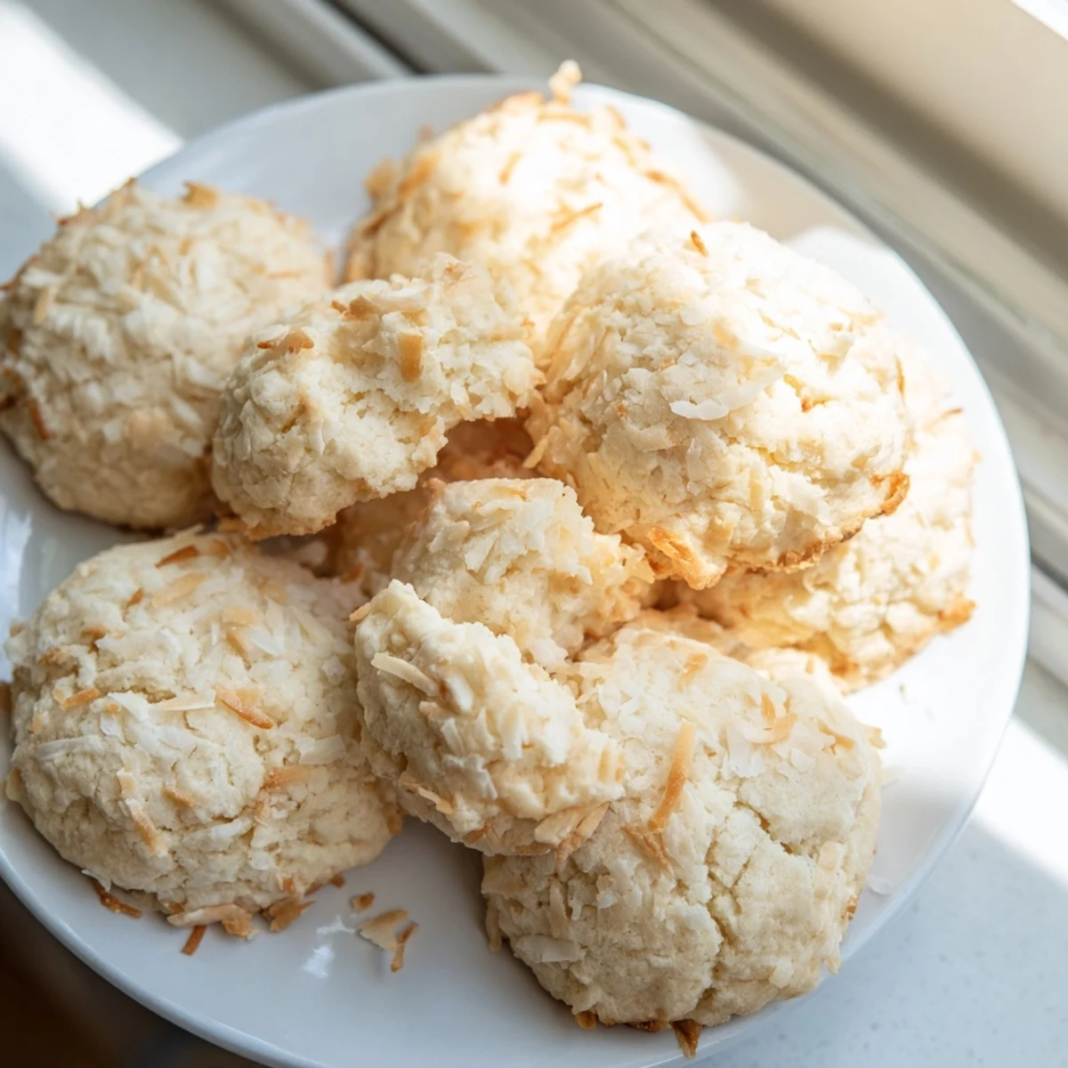 Golden soft and buttery coconut cookies cooling on a wire rack