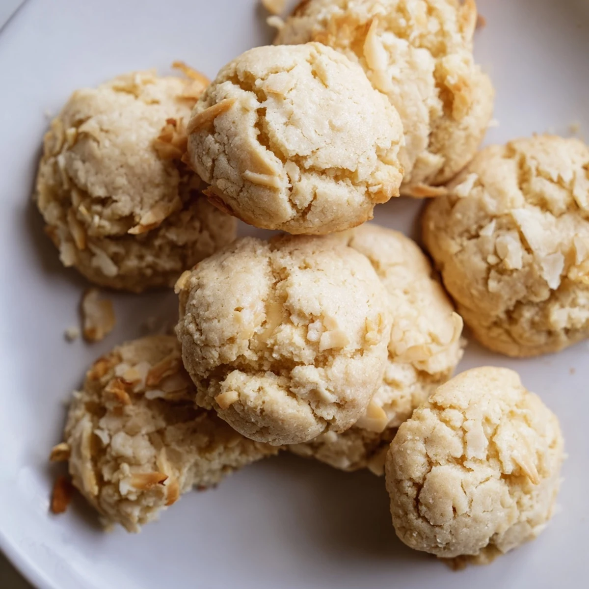 Pile of soft and buttery coconut cookies dusted with shredded coconut