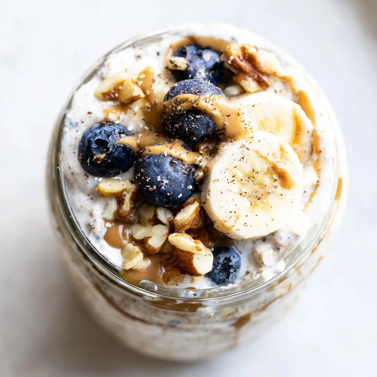 Chia-speckled protein overnight oats garnished with colorful mixed berries and crunchy seeds