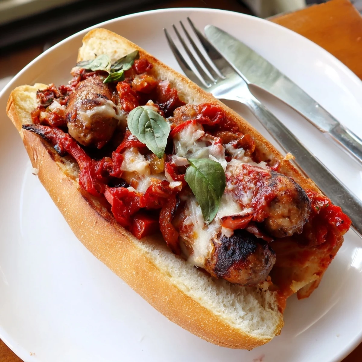 Juicy Italian sausages in crusty grinder rolls smothered in smoky grilled tomato sauce