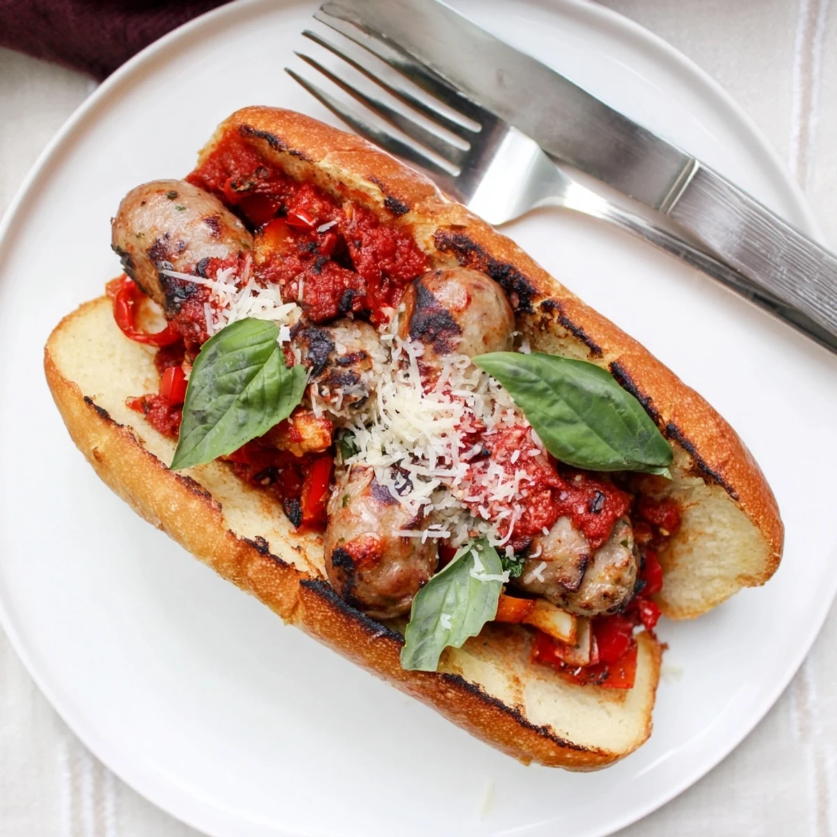 Smoky grilled sausage grinders topped with charred tomato sauce on toasted hoagie rolls