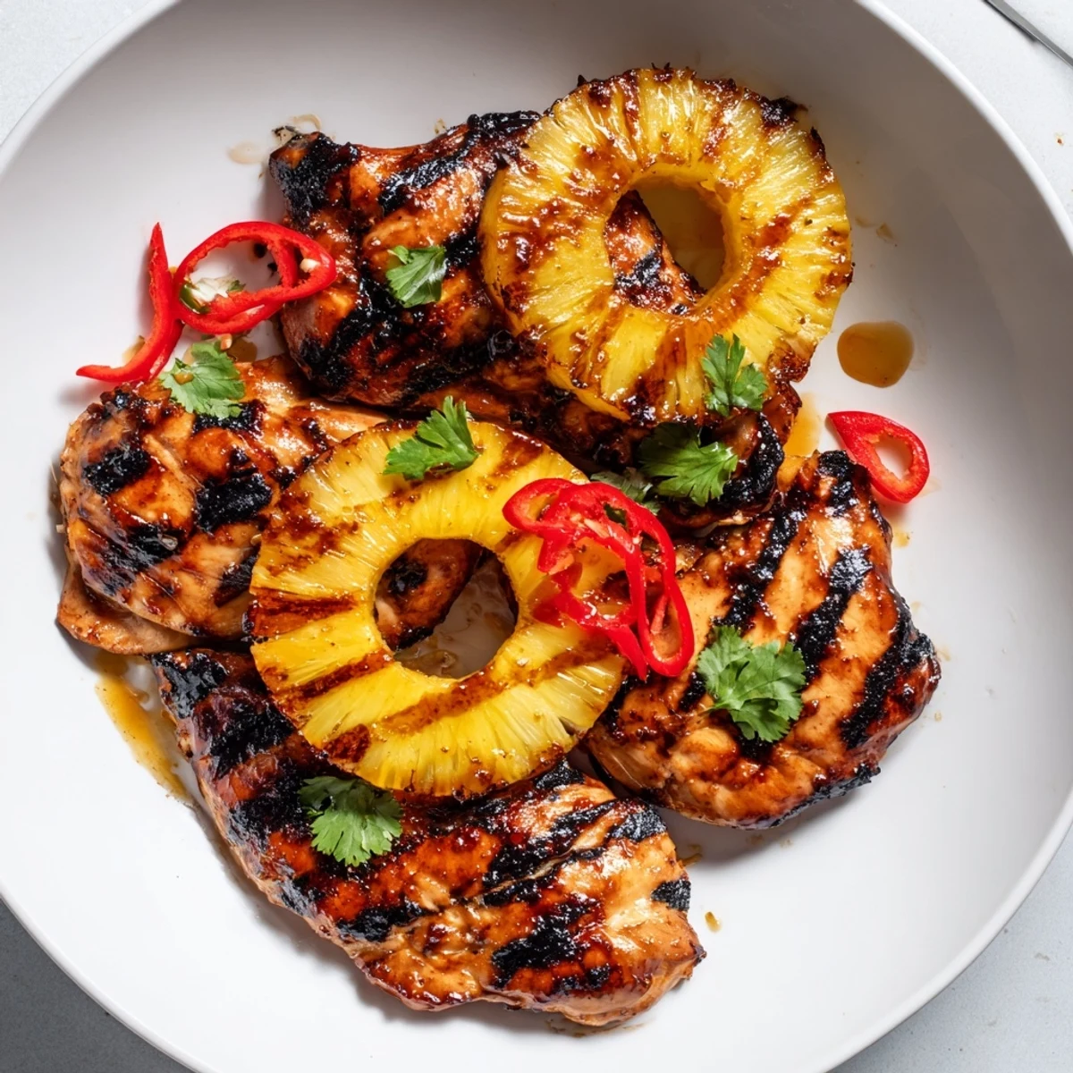 Juicy chili pineapple grilled chicken with caramelized fruit on a rustic plate