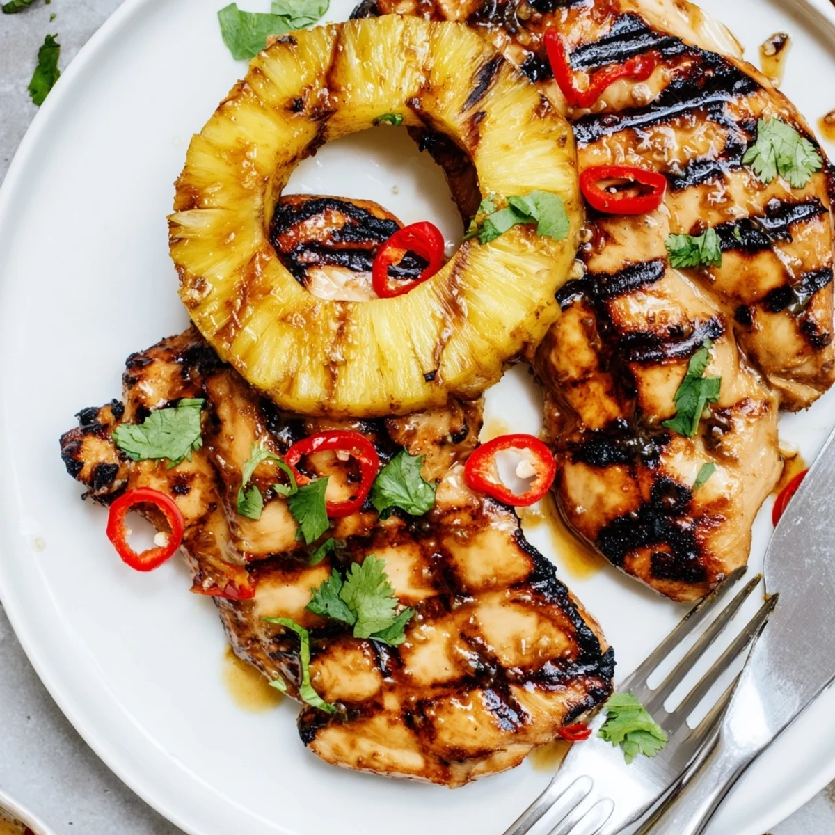 Tender chili pineapple grilled chicken sliced open showing juicy meat beside charred pineapple rings