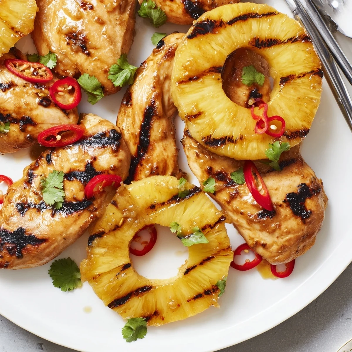 Golden chili pineapple grilled chicken garnished with red chili and cilantro