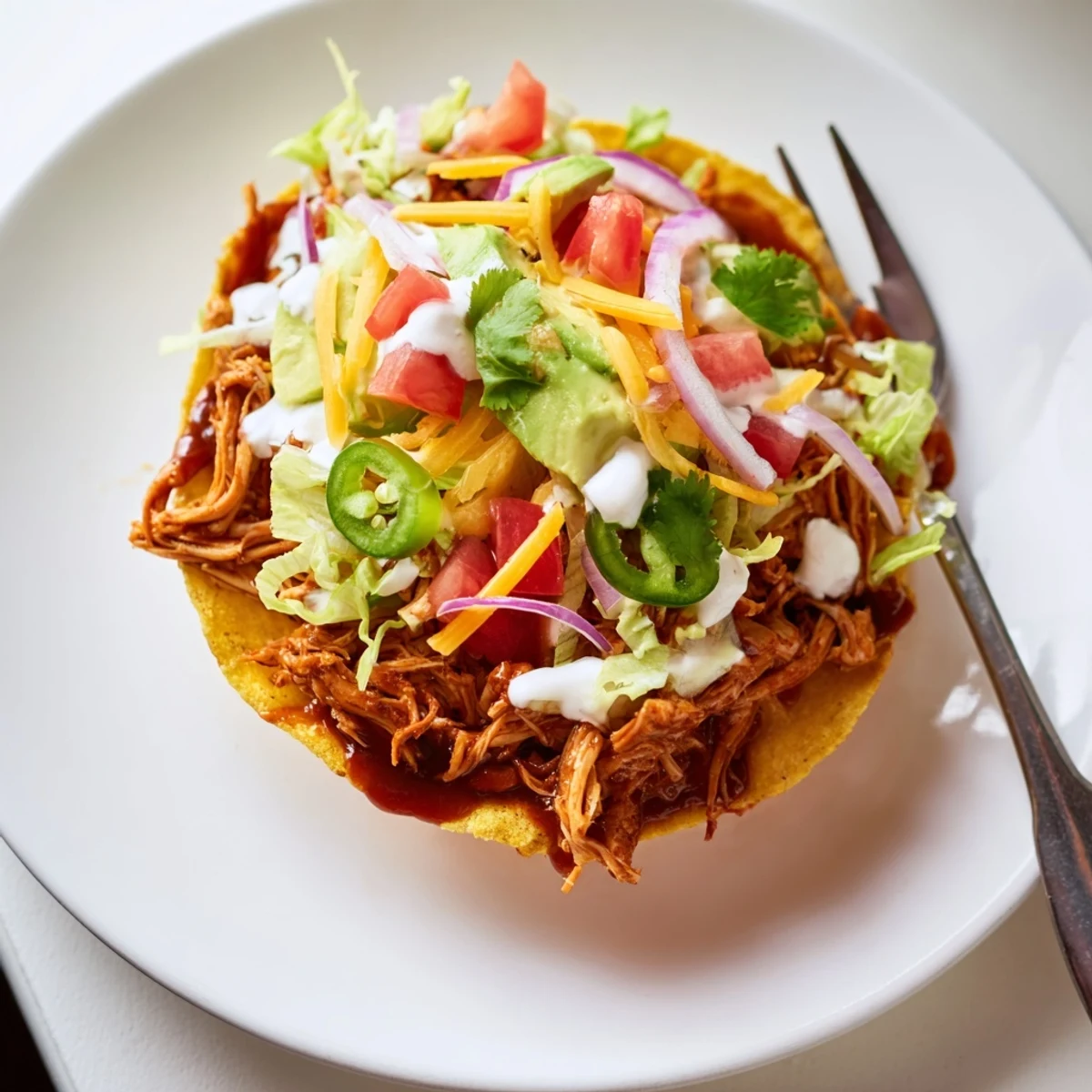 Crispy sweet smoky BBQ chicken tostadas piled high with fresh lettuce and melted cheese