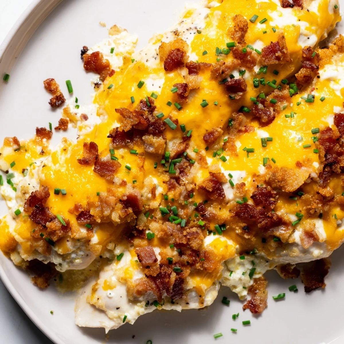 Creamy baked crack chicken smothered in ranch cream cheese sauce with bacon crumbles