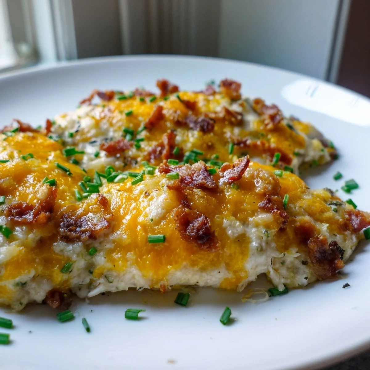 Golden bubbling baked crack chicken with crispy bacon and melted cheddar cheese