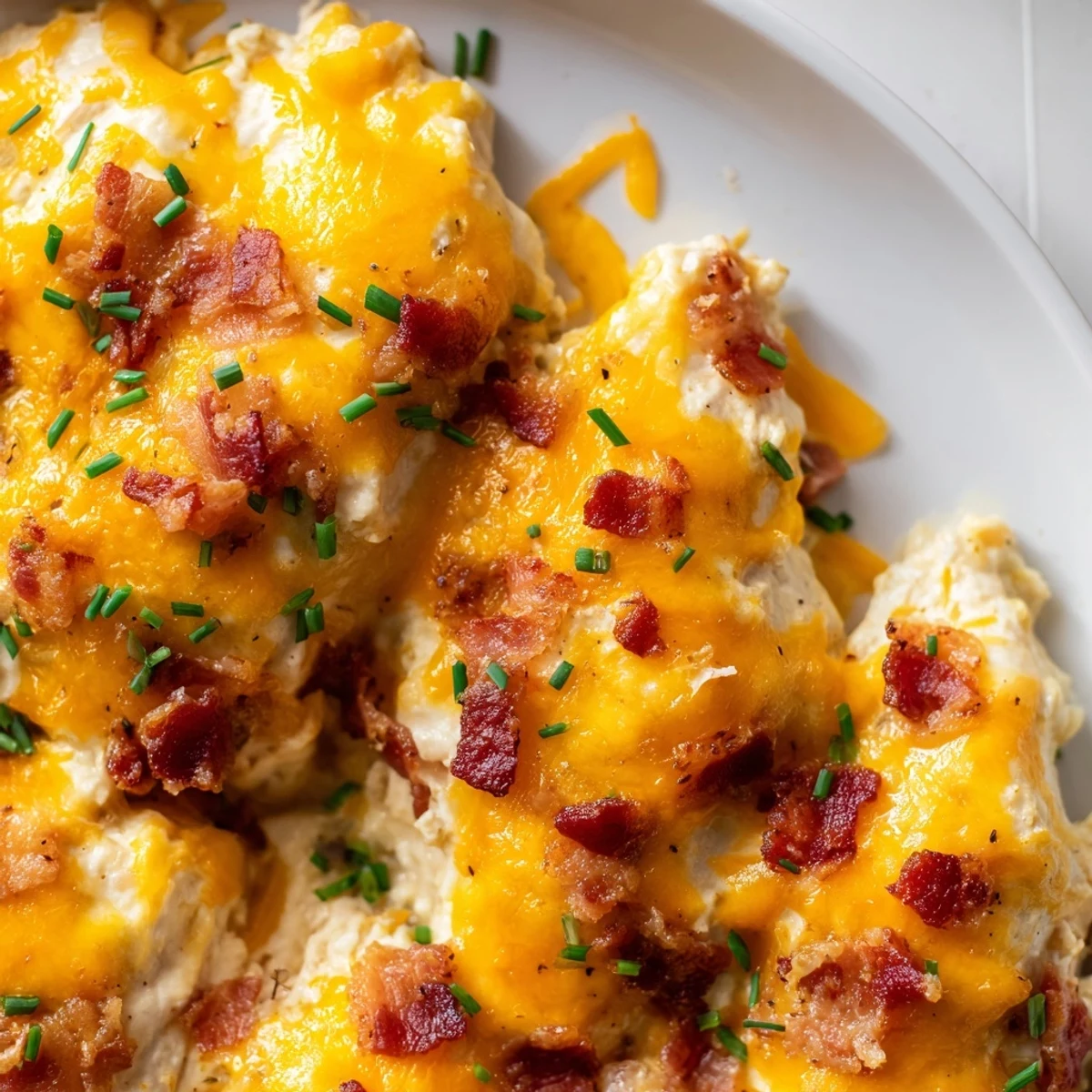 Juicy baked crack chicken topped with gooey melted cheese and golden crispy bacon