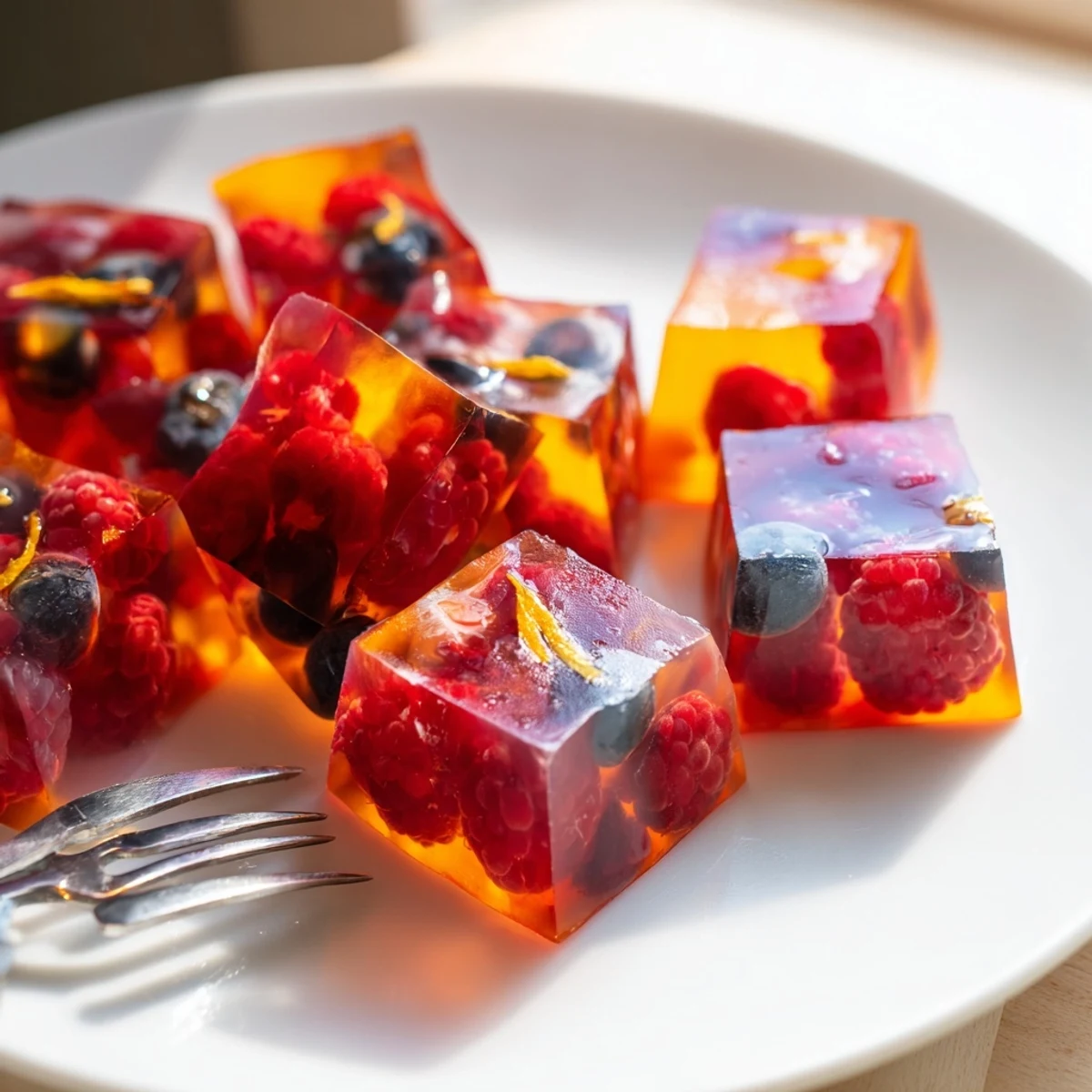 Glossy collagen fruit jellies in vibrant molds dotted with fresh berries