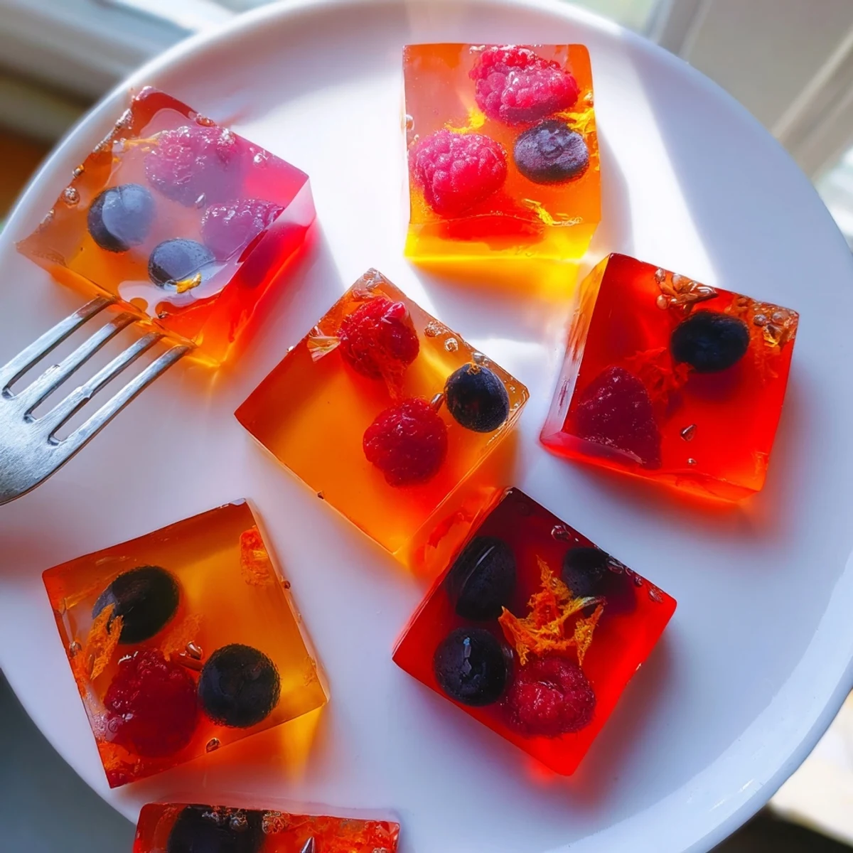 Homemade collagen fruit jellies gleaming in jewel-toned squares on a chilled plate