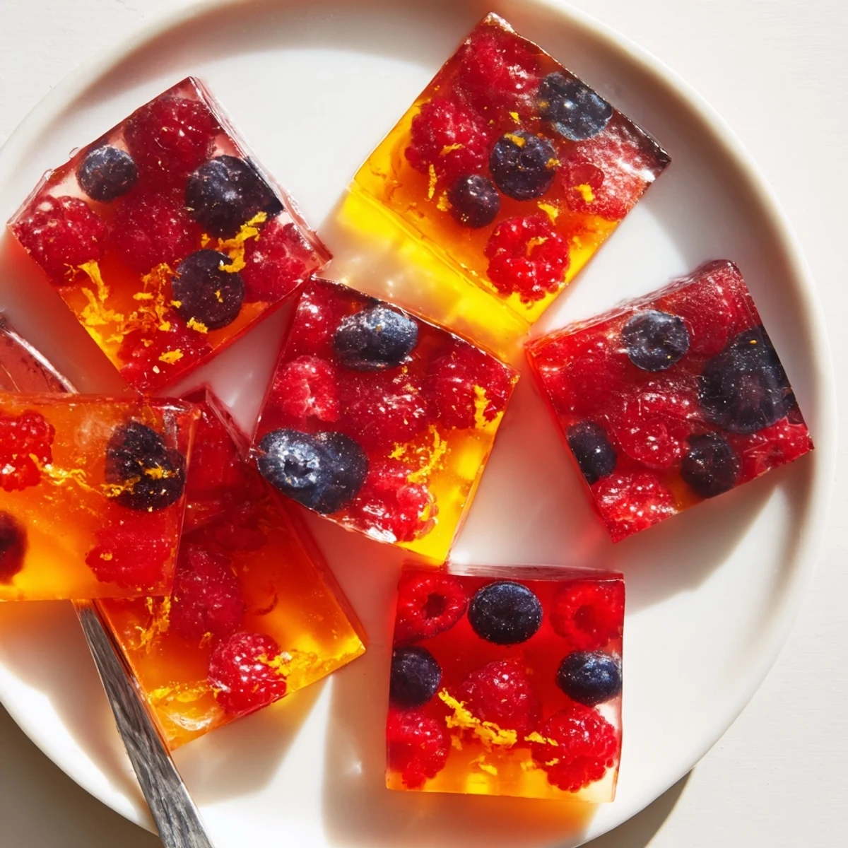 Bright orange and berry collagen fruit jellies arranged on a rustic wooden board