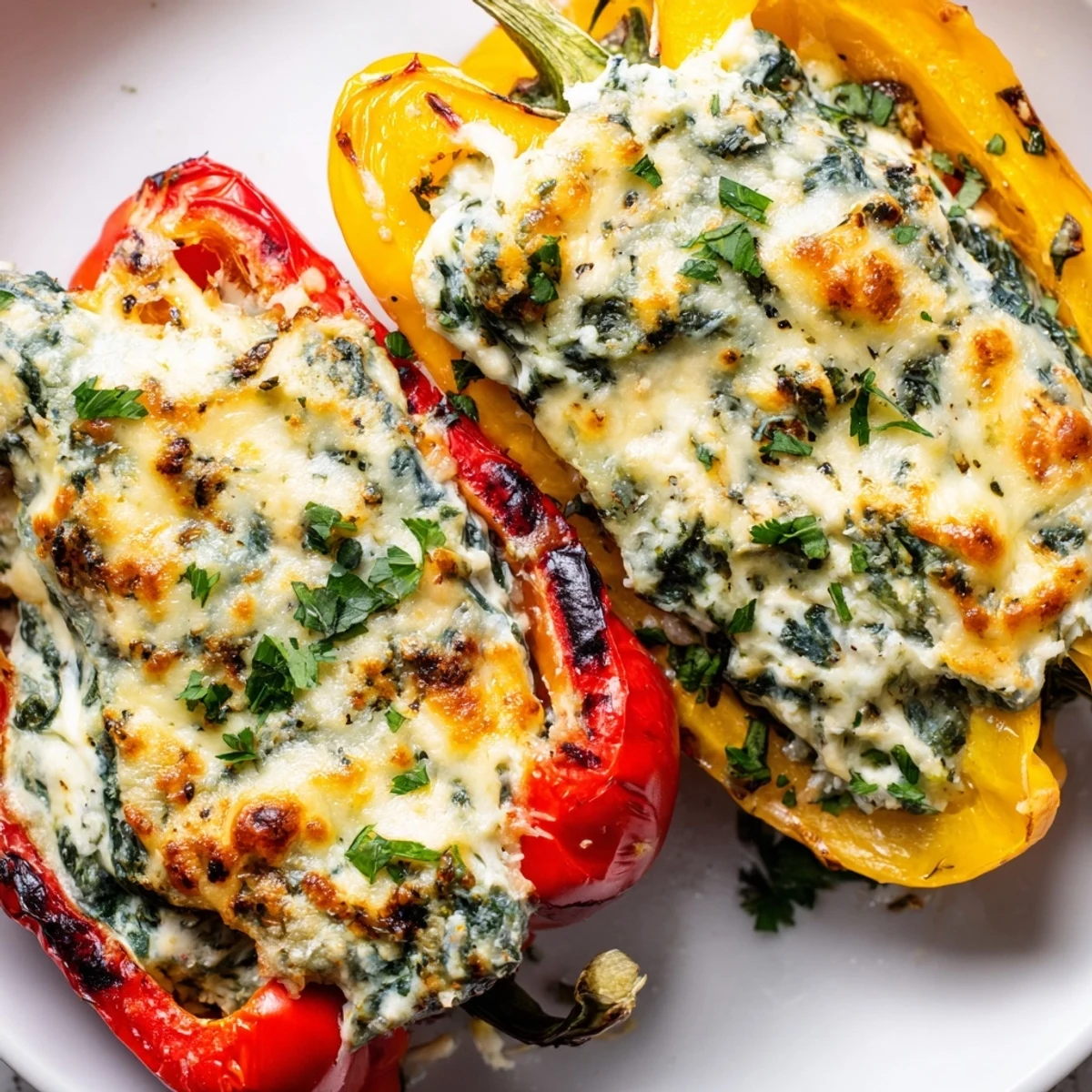 Golden baked ricotta stuffed peppers with bubbling mozzarella on a rustic dish