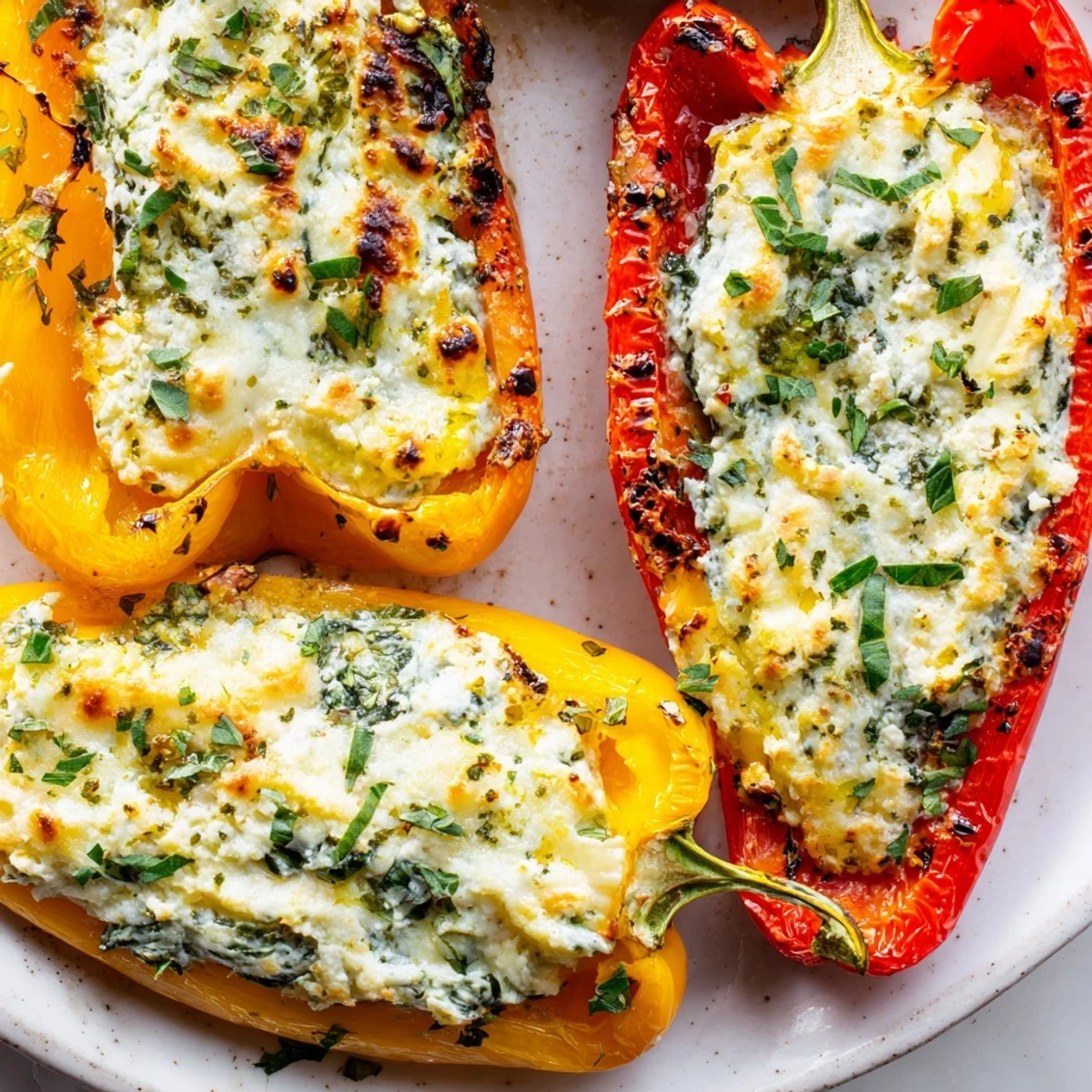 Creamy herb flecked ricotta stuffed peppers roasted until tender and golden brown